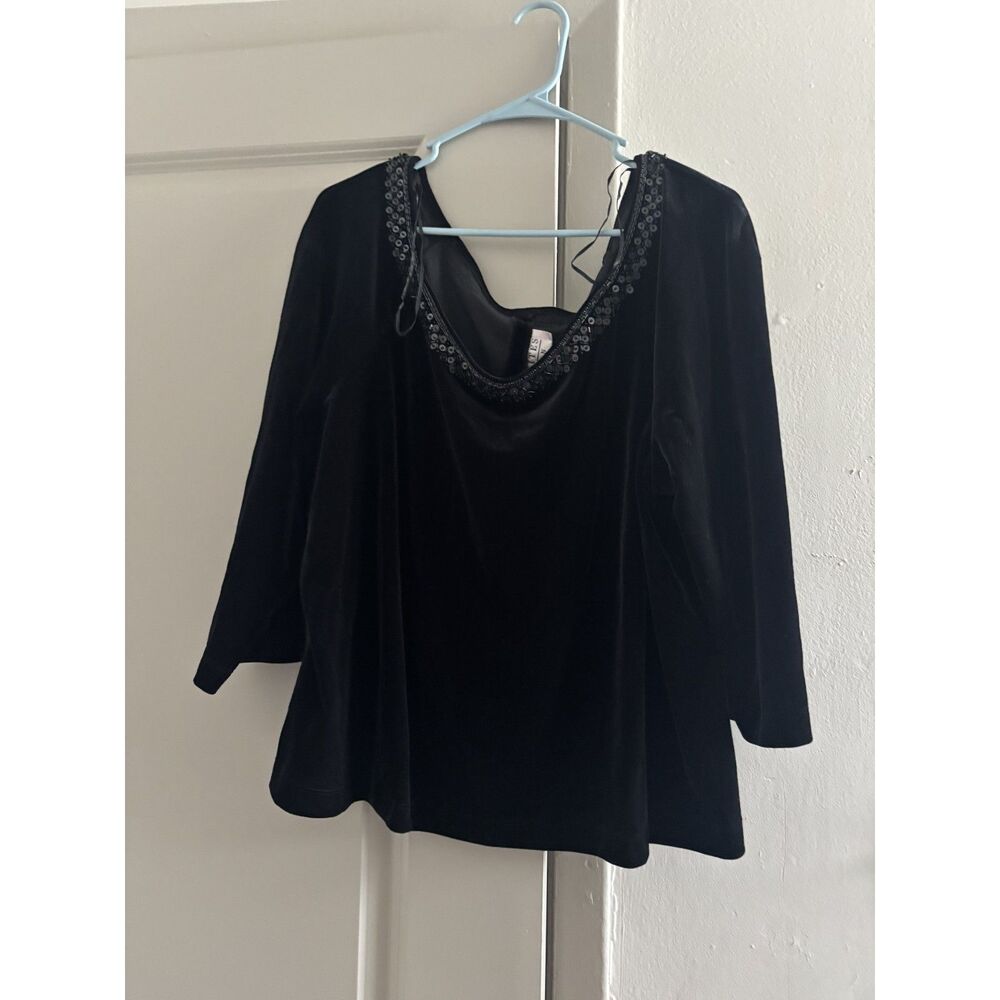 JR Nites Black Velvet Sequin Neck 3/4 Sleeve Top Plus Size 3X